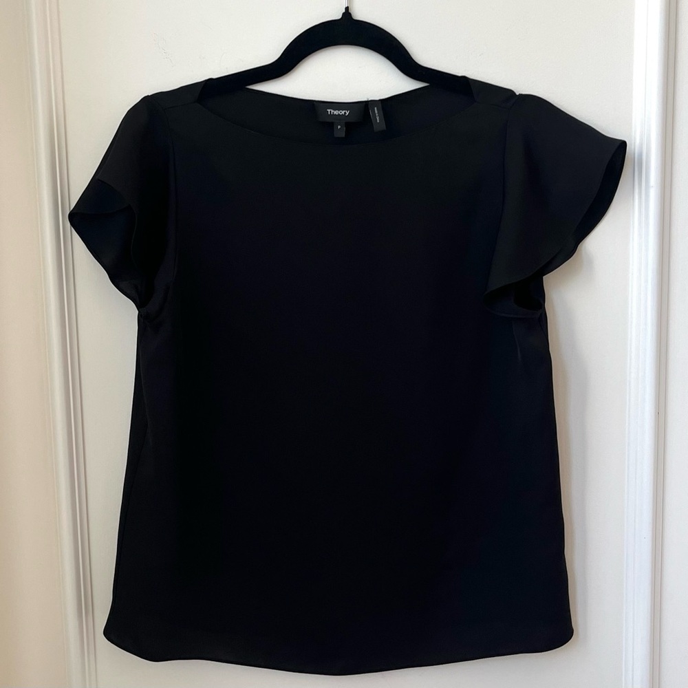 Theory 100% Silk Black Flutter Sleeve Relaxed Blouse Women’s Size Petite/XS